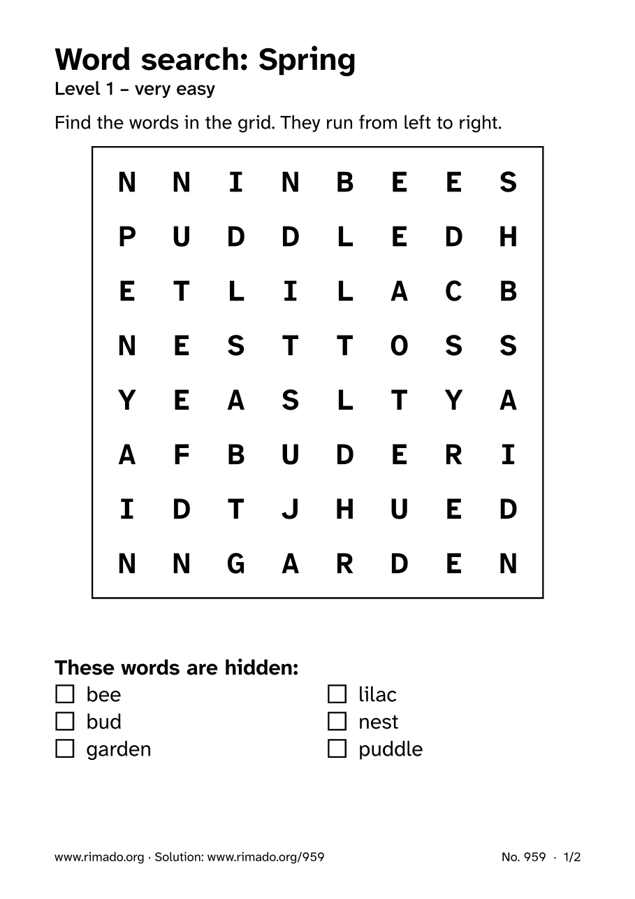 Preview of the printed page: Word search “Spring”, no. 959
