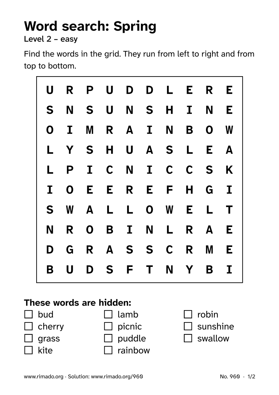 Preview of the printed page: Word search “Spring”, no. 960