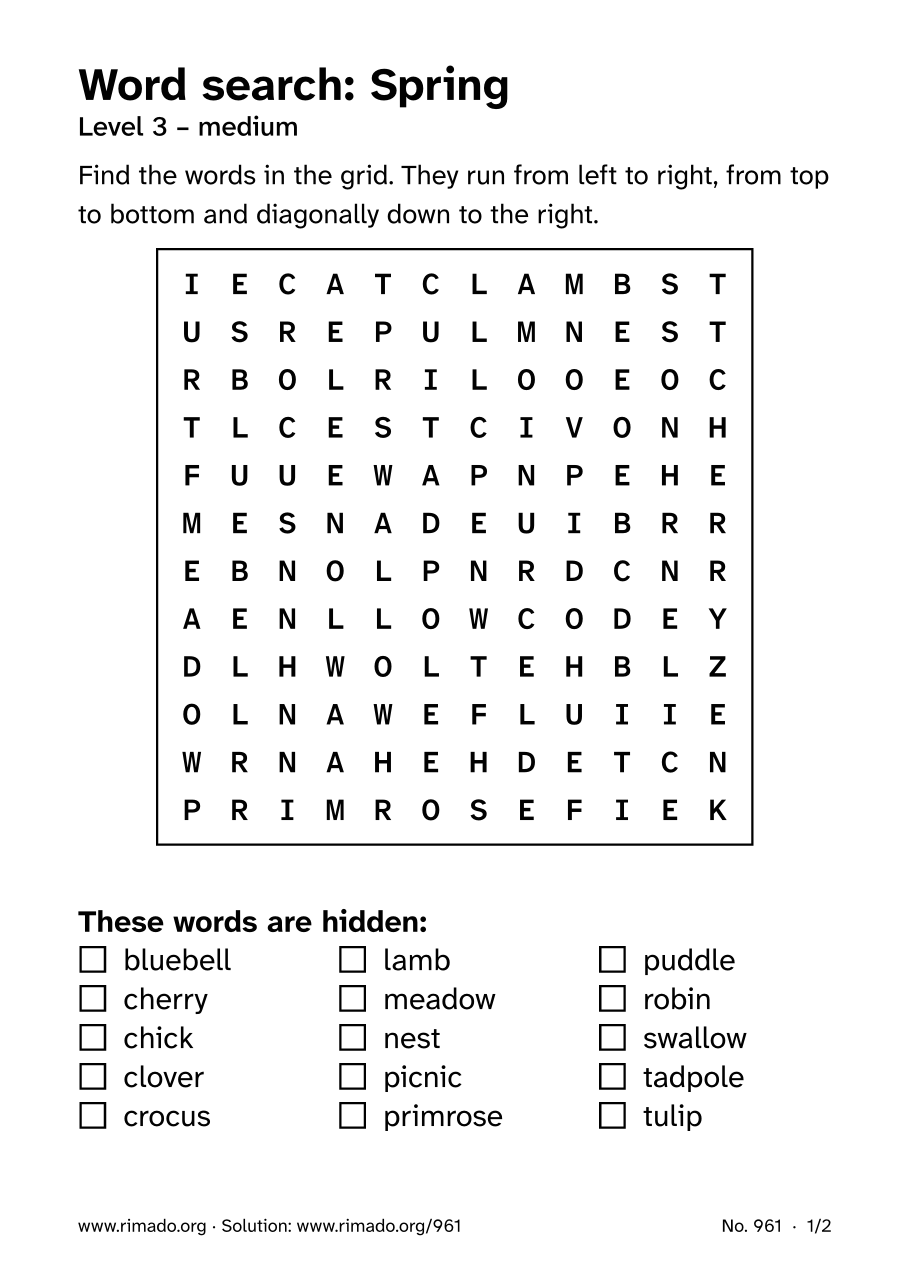 Preview of the printed page: Word search “Spring”, no. 961