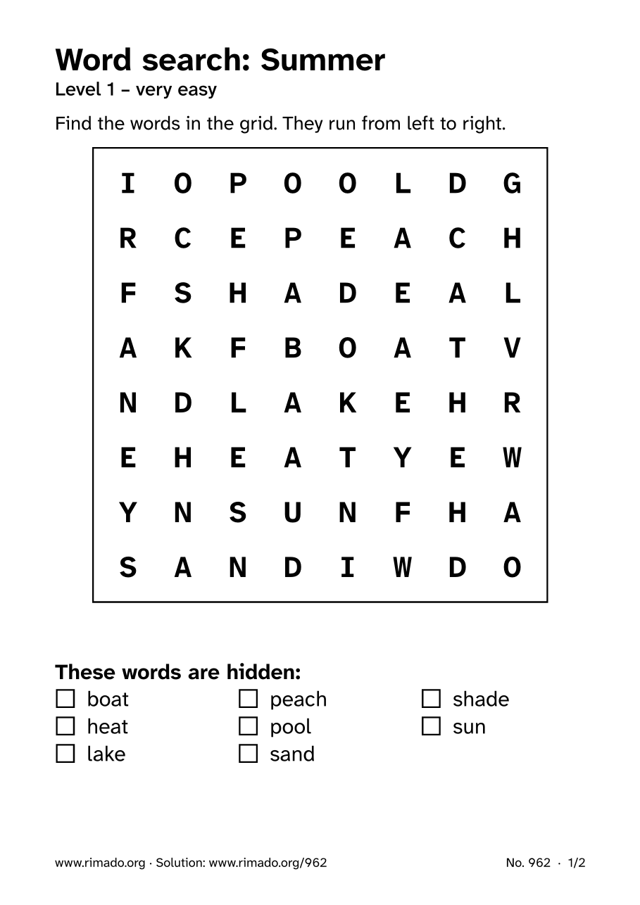 Preview of the printed page: Word search “Summer”, no. 962