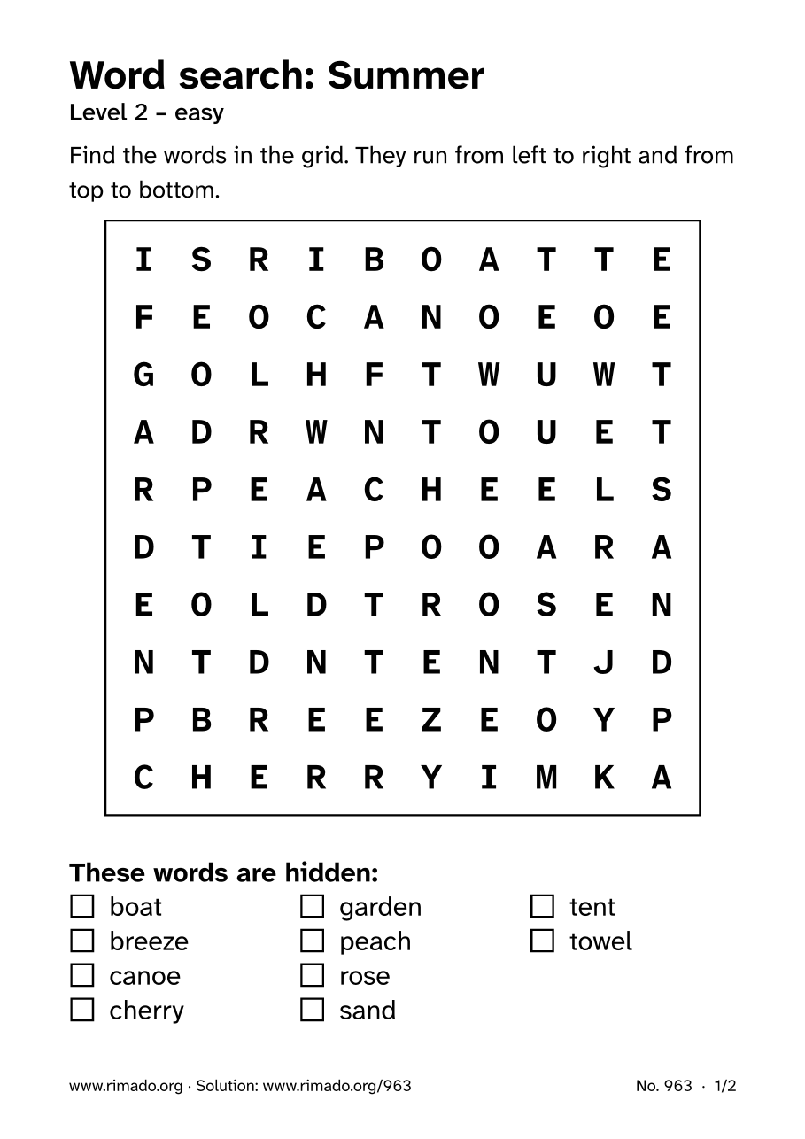 Preview of the printed page: Word search “Summer”, no. 963