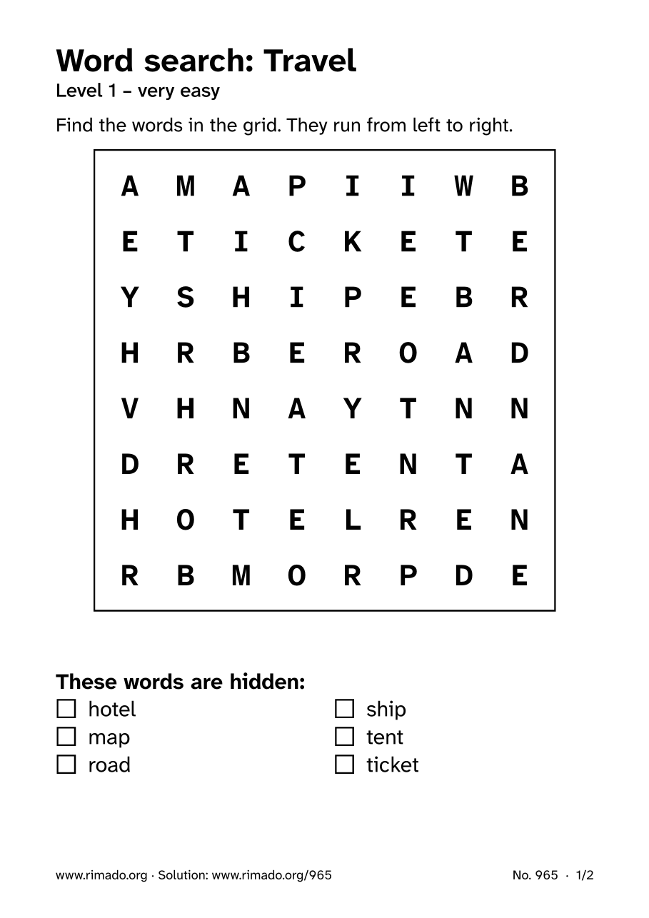 Preview of the printed page: Word search “Travel”, no. 965