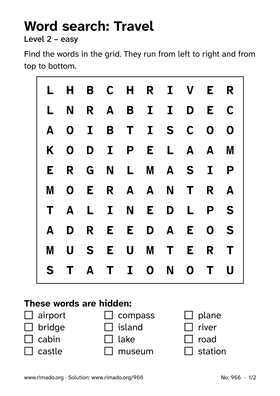 Preview of the printed page: Word search “Travel”, no. 966