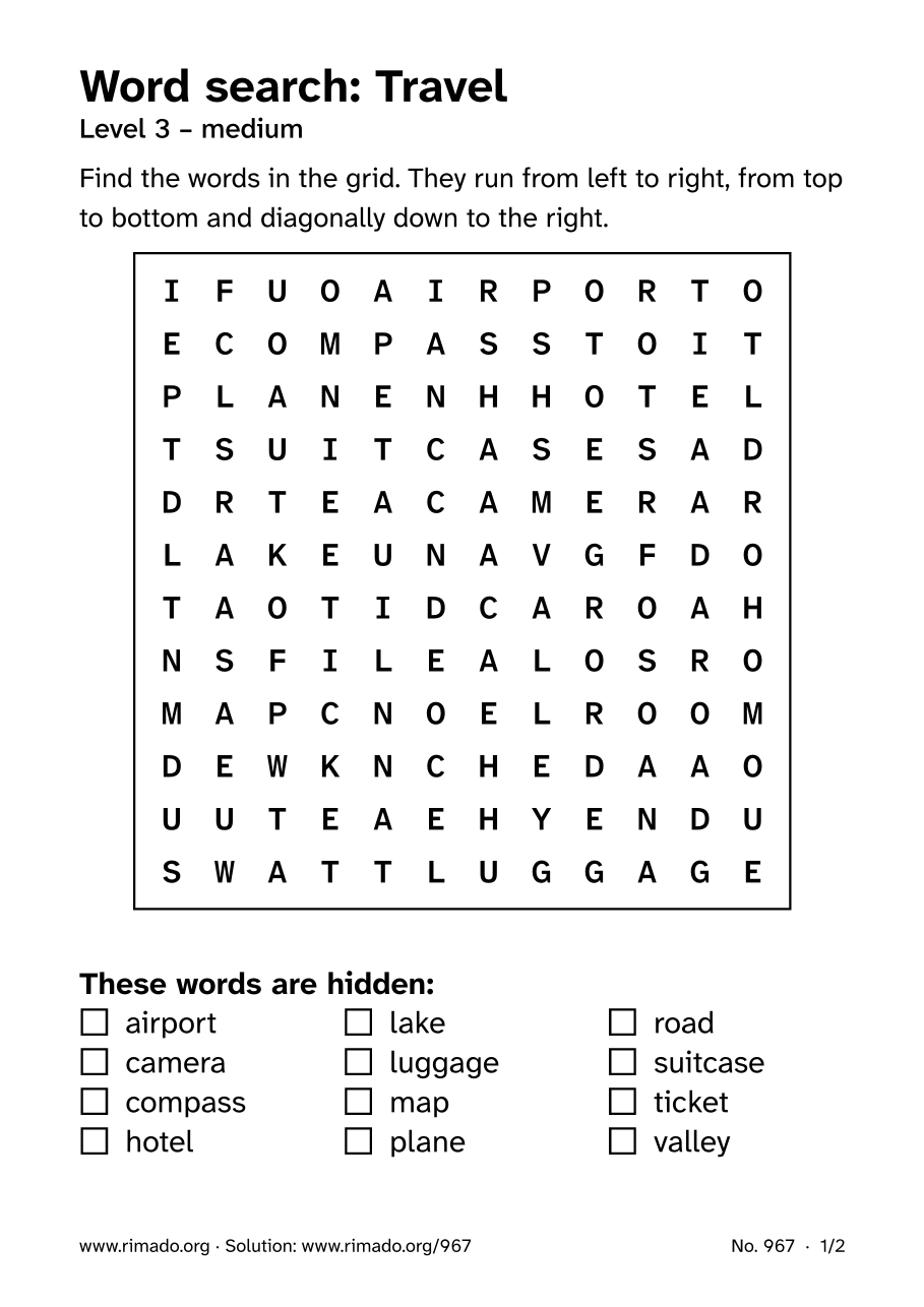 Preview of the printed page: Word search “Travel”, no. 967