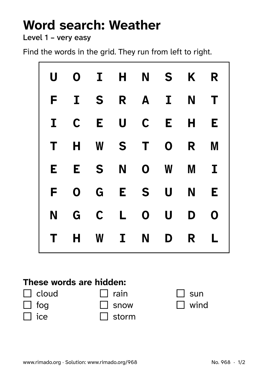 Preview of the printed page: Word search “Weather”, no. 968
