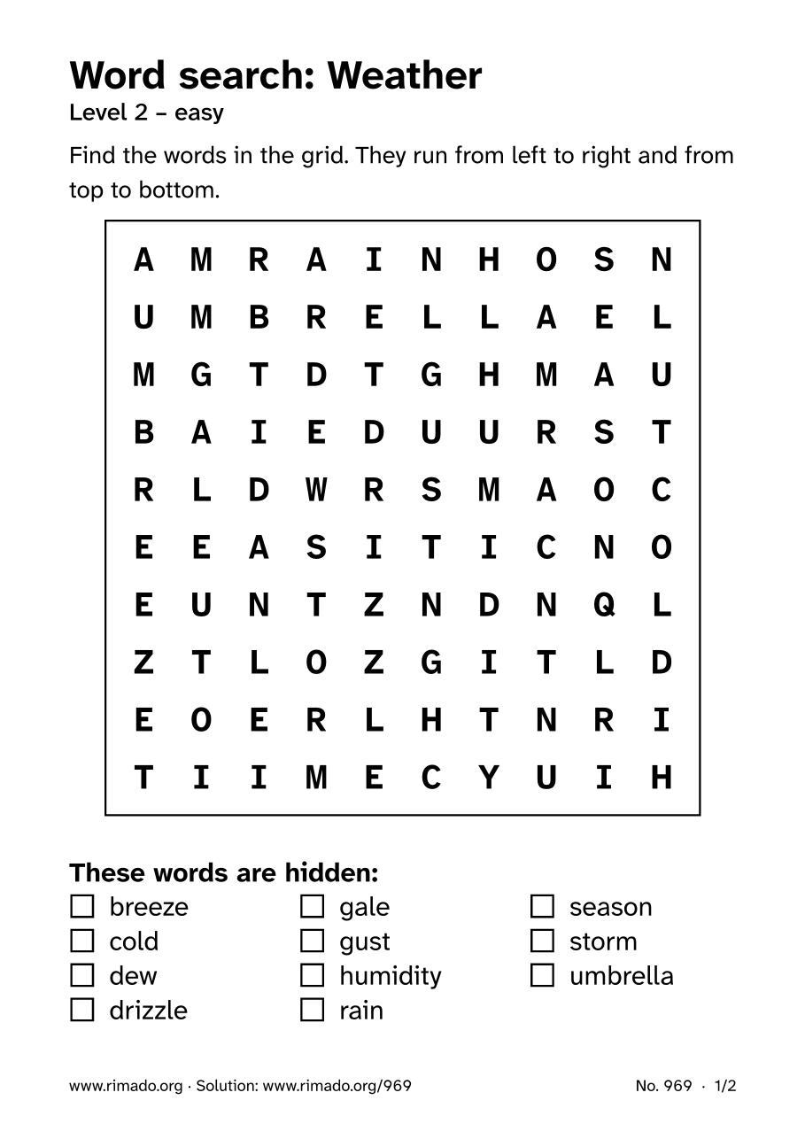 Preview of the printed page: Word search “Weather”, no. 969