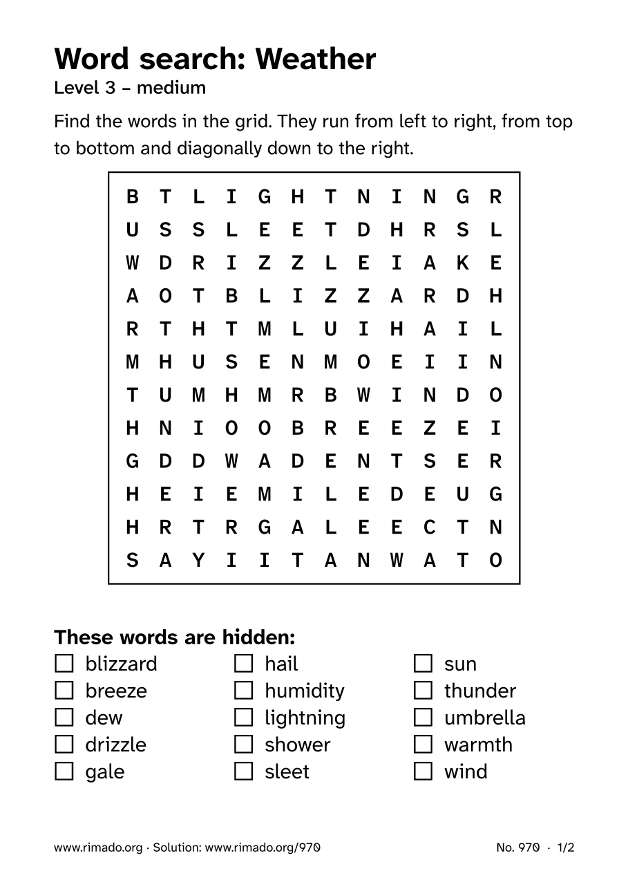 Preview of the printed page: Word search “Weather”, no. 970