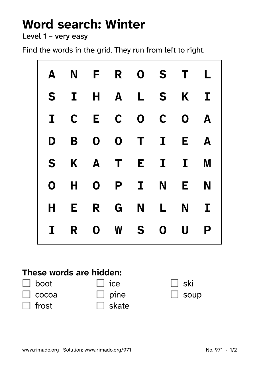 Preview of the printed page: Word search “Winter”, no. 971