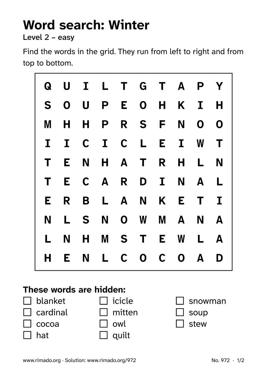 Preview of the printed page: Word search “Winter”, no. 972