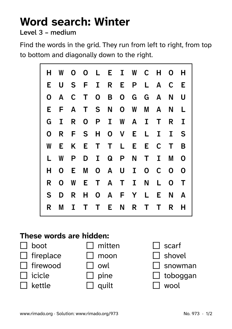Preview of the printed page: Word search “Winter”, no. 973