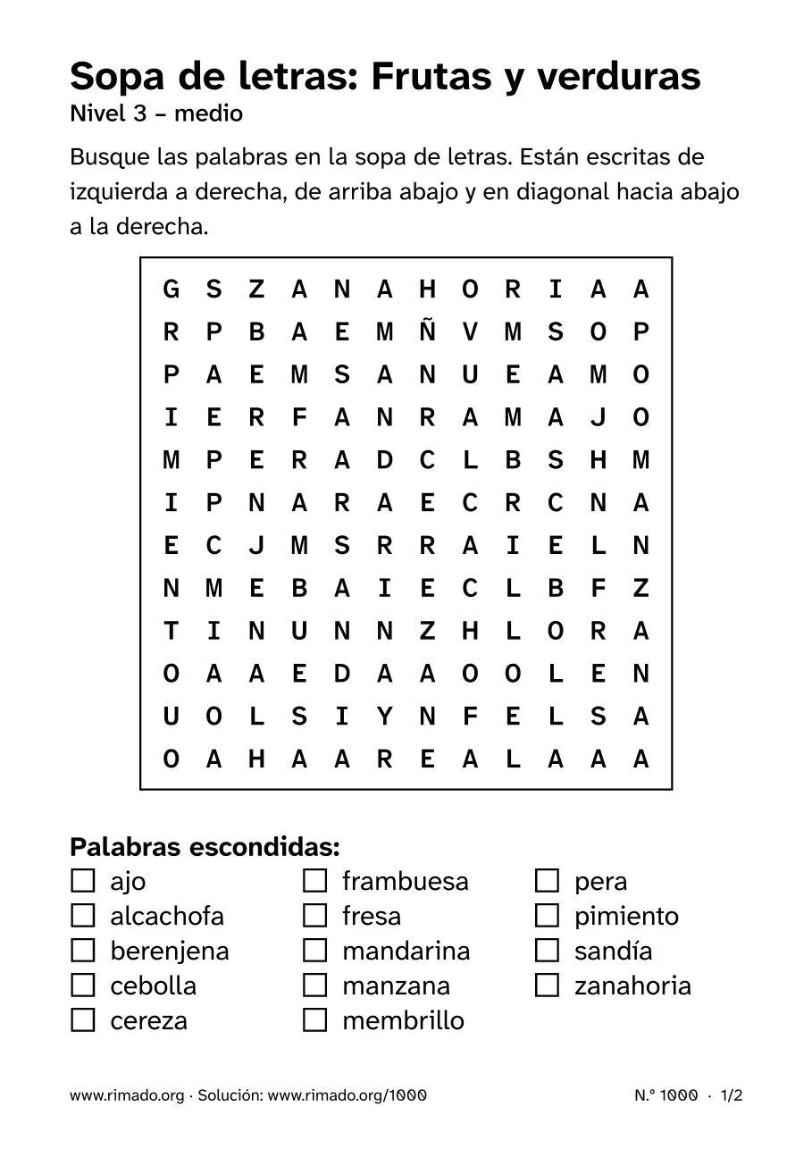 Vista previa de la hoja impresa: Sopa de letras «Frutas y verduras», n.º 1000
