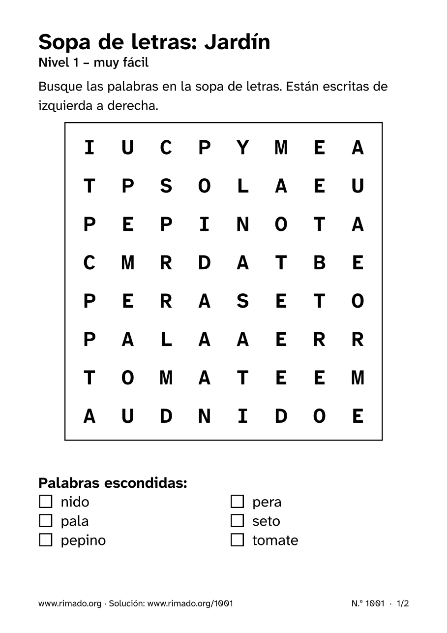 Vista previa de la hoja impresa: Sopa de letras «Jardín», n.º 1001