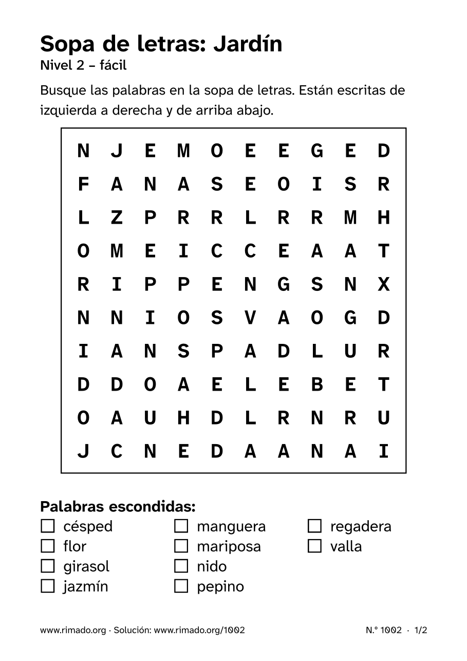 Vista previa de la hoja impresa: Sopa de letras «Jardín», n.º 1002