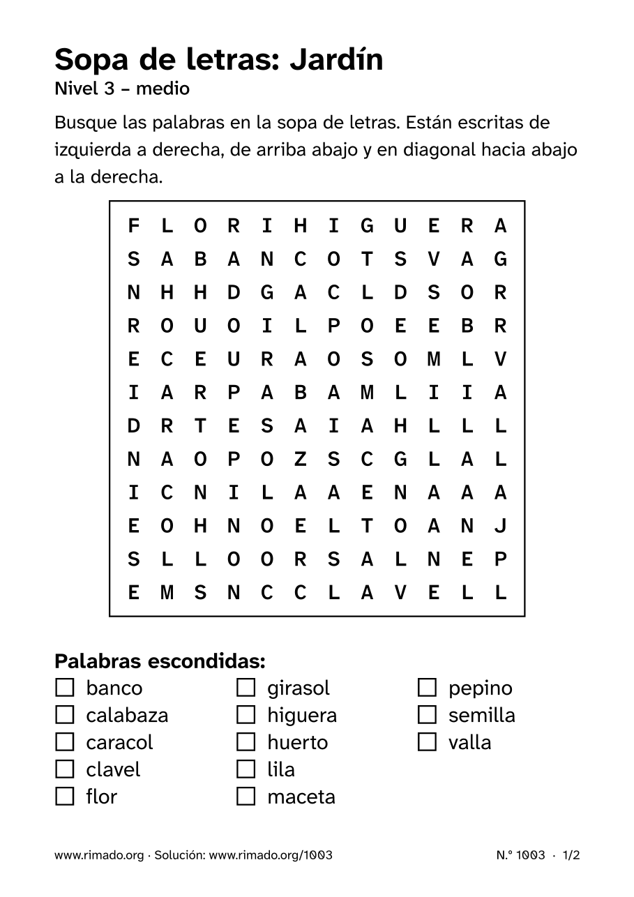 Vista previa de la hoja impresa: Sopa de letras «Jardín», n.º 1003