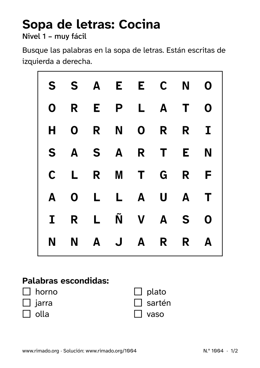 Vista previa de la hoja impresa: Sopa de letras «Cocina», n.º 1004