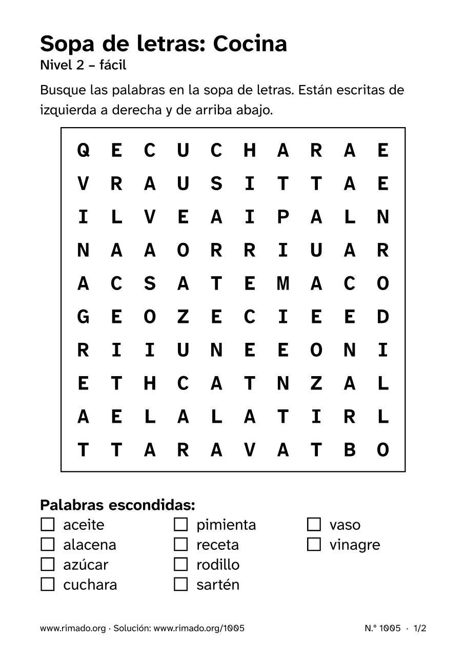 Vista previa de la hoja impresa: Sopa de letras «Cocina», n.º 1005