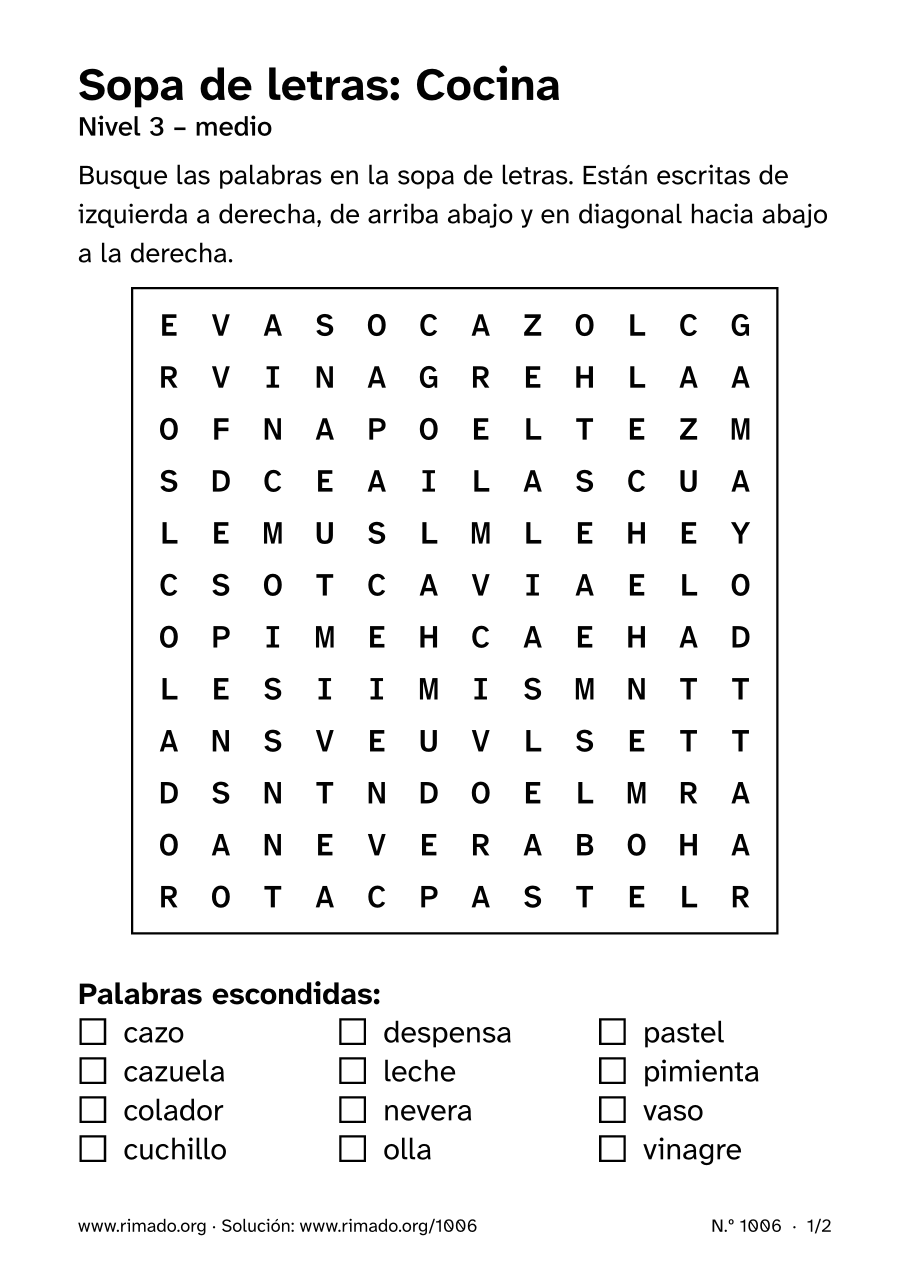 Vista previa de la hoja impresa: Sopa de letras «Cocina», n.º 1006