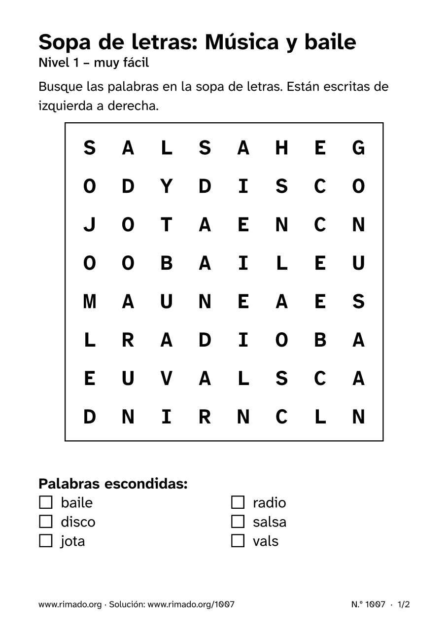 Vista previa de la hoja impresa: Sopa de letras «Música y baile», n.º 1007