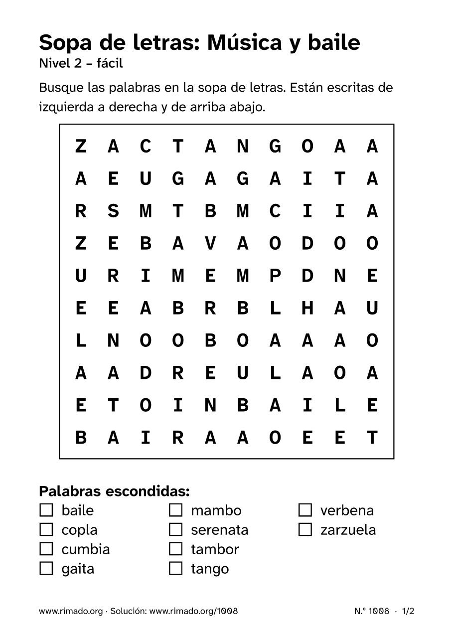 Vista previa de la hoja impresa: Sopa de letras «Música y baile», n.º 1008