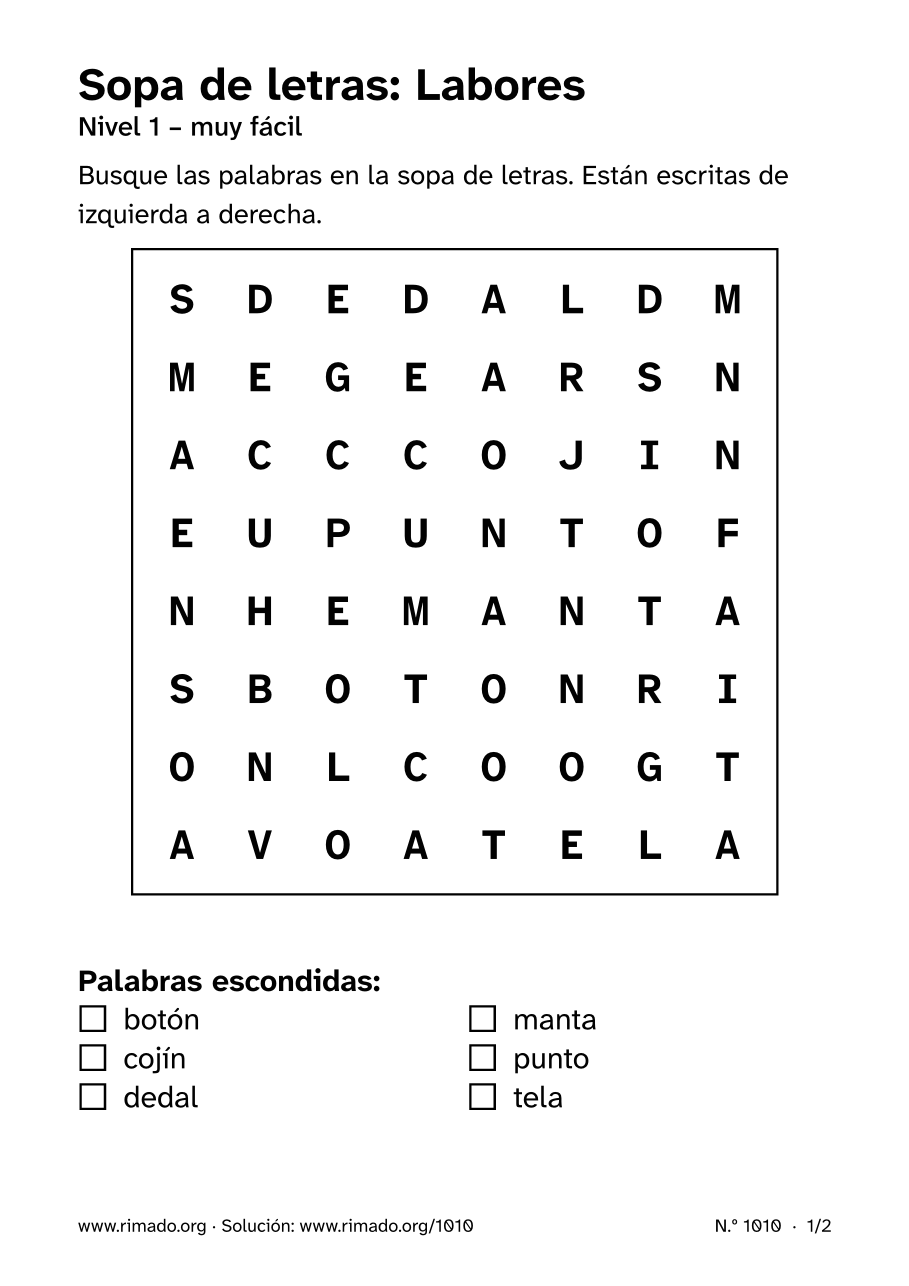 Vista previa de la hoja impresa: Sopa de letras «Labores», n.º 1010