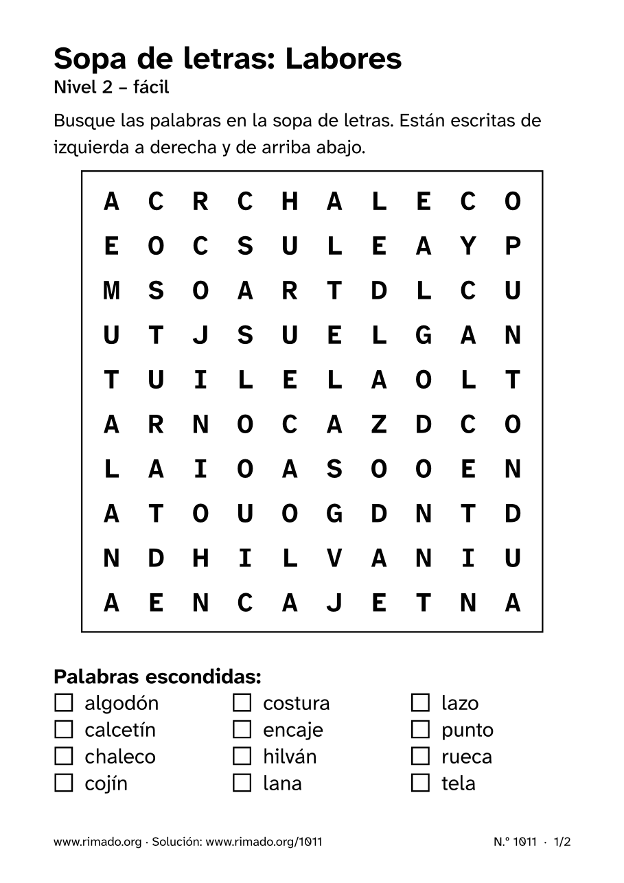 Vista previa de la hoja impresa: Sopa de letras «Labores», n.º 1011