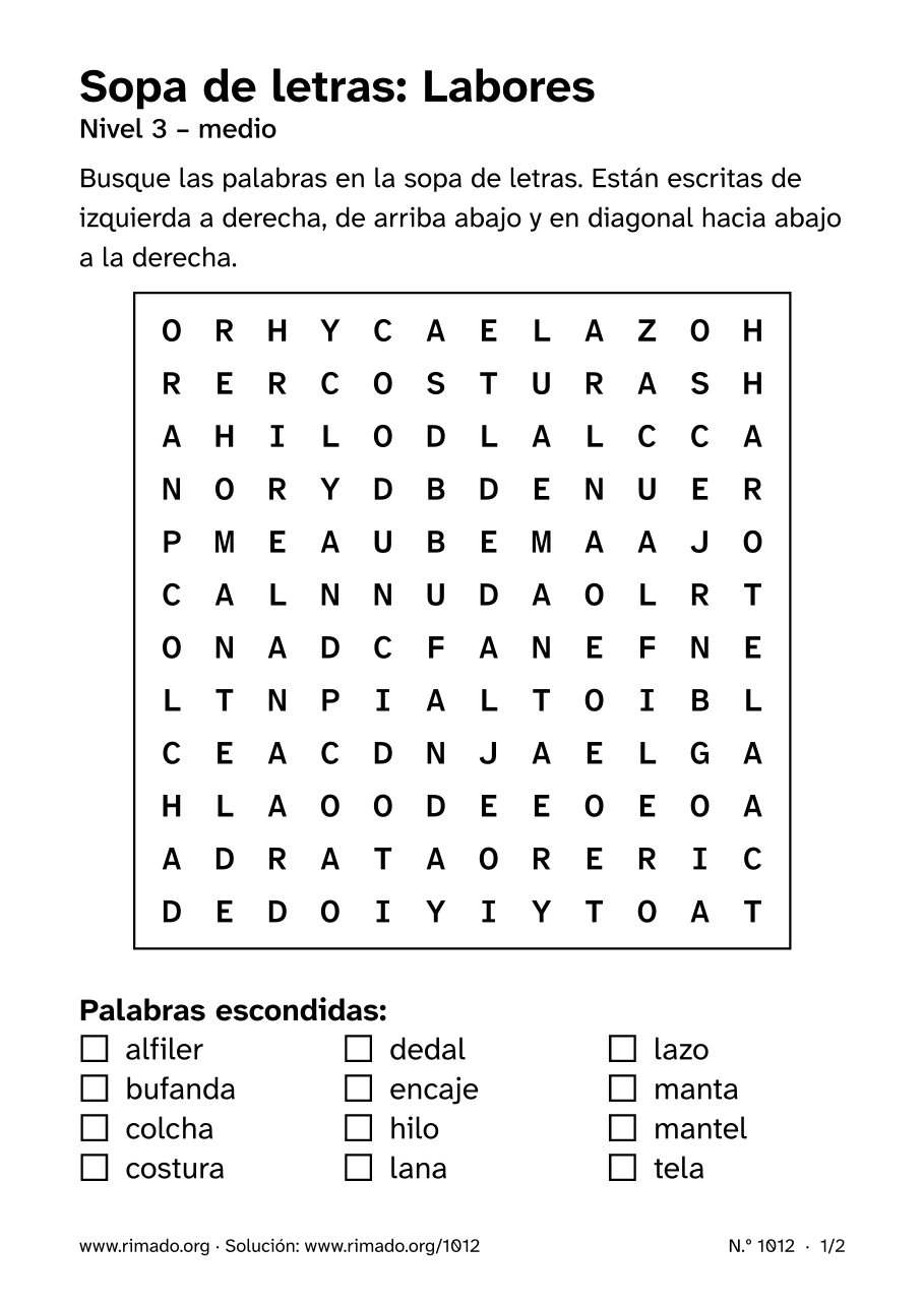Vista previa de la hoja impresa: Sopa de letras «Labores», n.º 1012