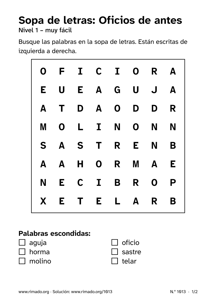 Vista previa de la hoja impresa: Sopa de letras «Oficios de antes», n.º 1013