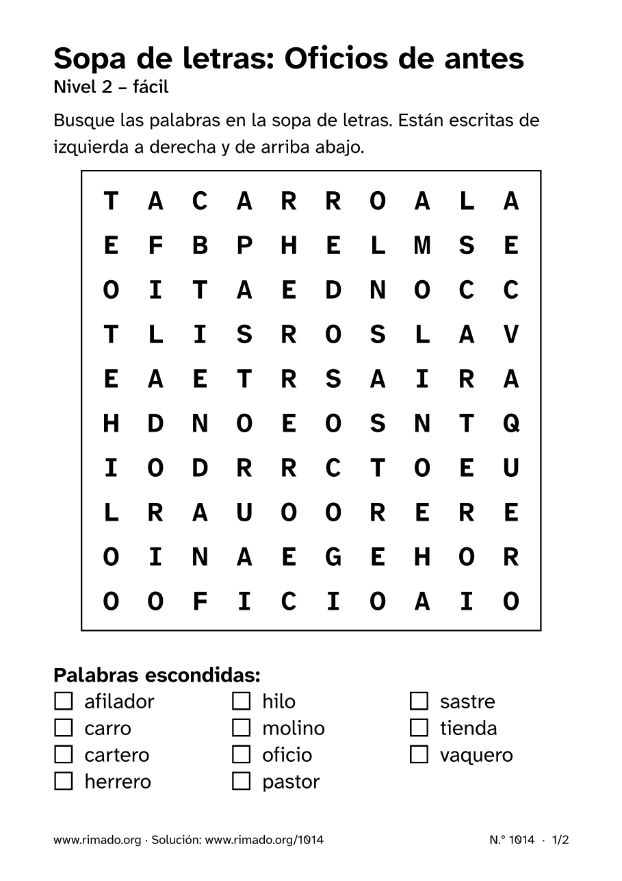 Vista previa de la hoja impresa: Sopa de letras «Oficios de antes», n.º 1014