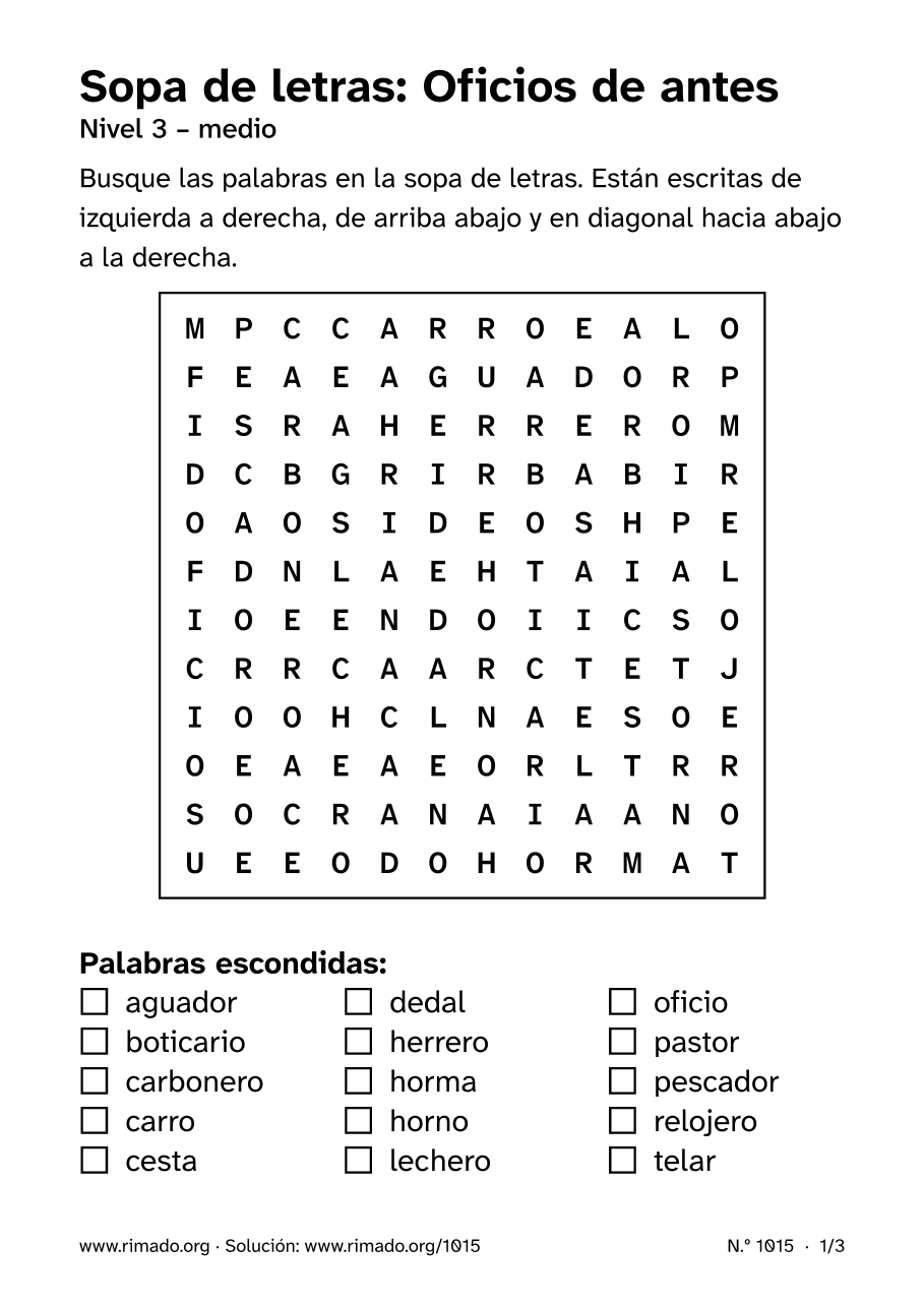 Vista previa de la hoja impresa: Sopa de letras «Oficios de antes», n.º 1015