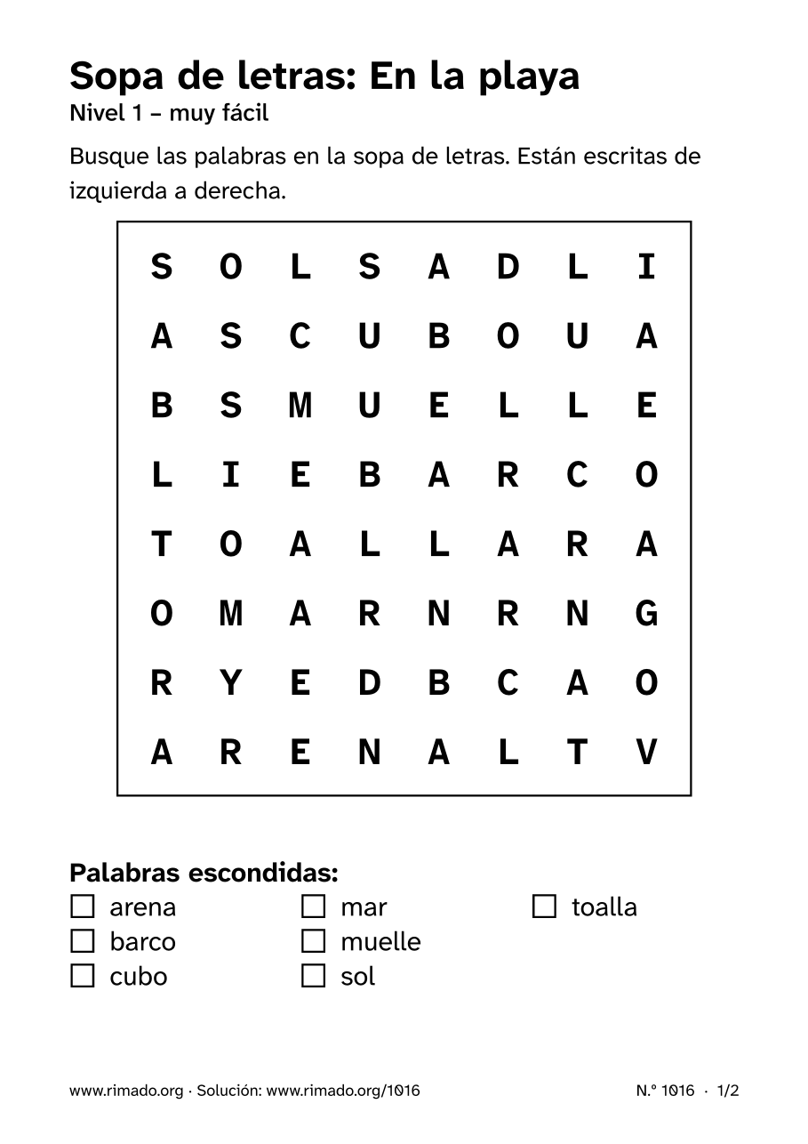 Vista previa de la hoja impresa: Sopa de letras «En la playa», n.º 1016