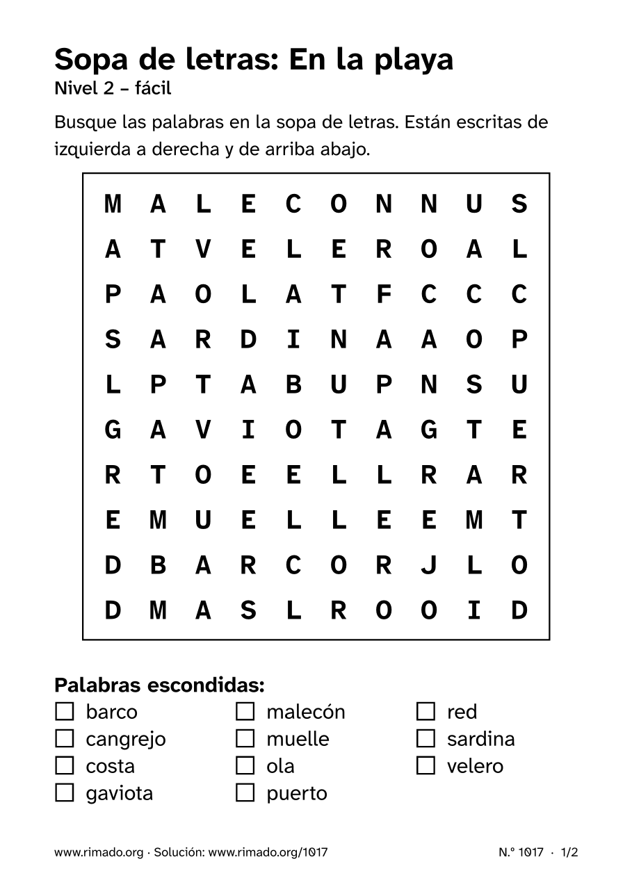 Vista previa de la hoja impresa: Sopa de letras «En la playa», n.º 1017