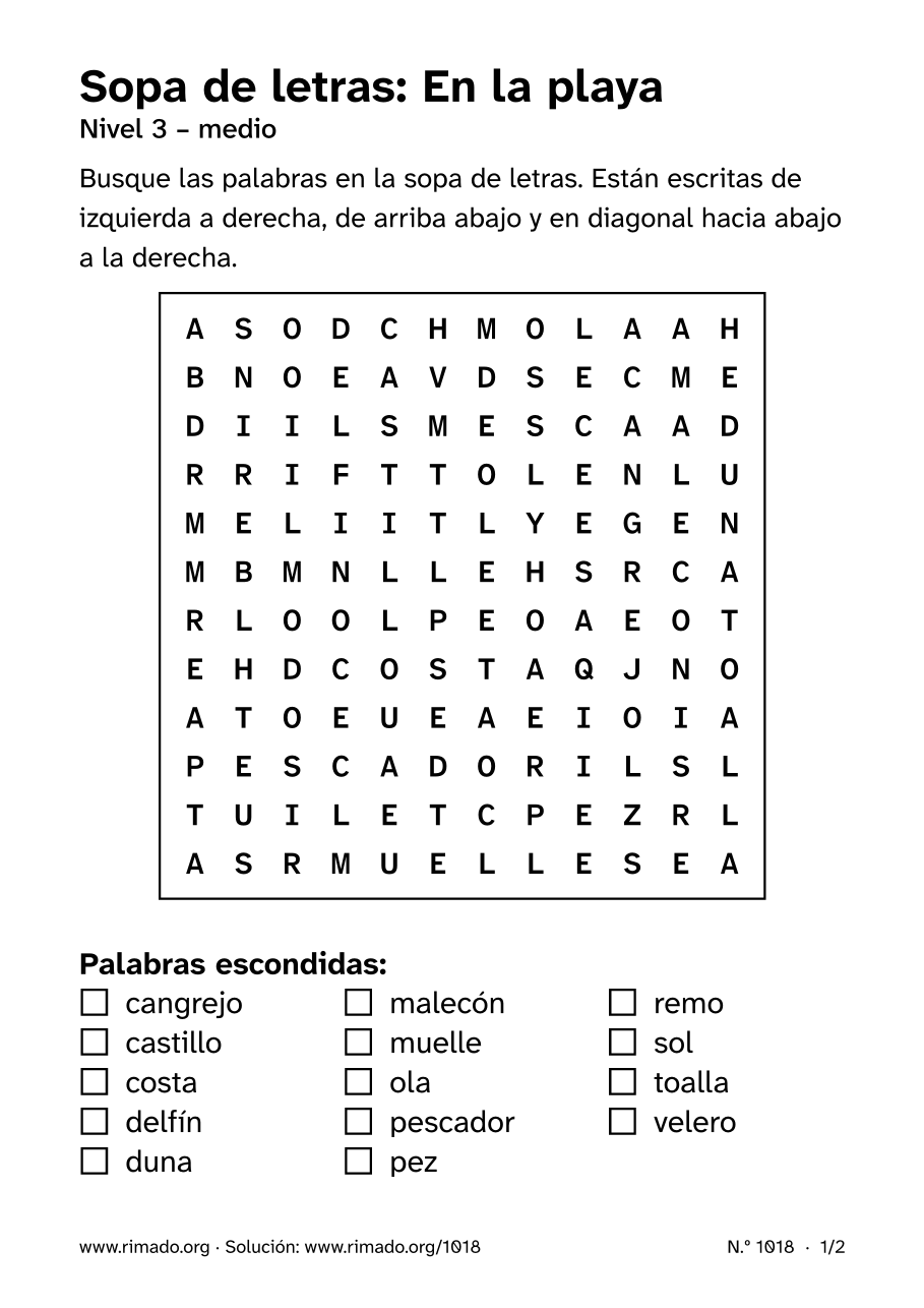 Vista previa de la hoja impresa: Sopa de letras «En la playa», n.º 1018