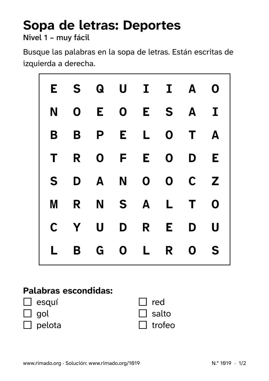 Vista previa de la hoja impresa: Sopa de letras «Deportes», n.º 1019