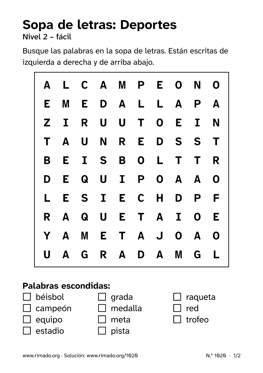 Vista previa de la hoja impresa: Sopa de letras «Deportes», n.º 1020