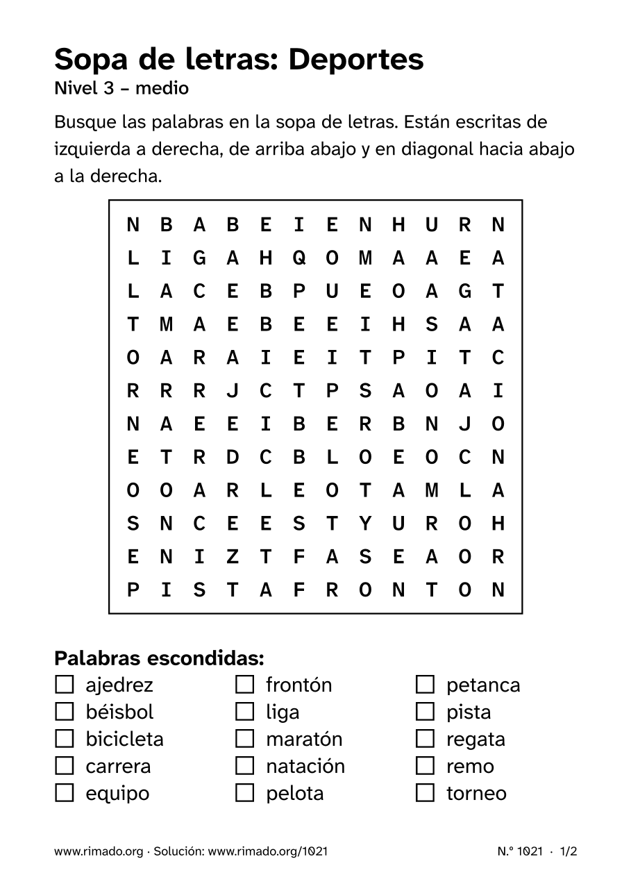 Vista previa de la hoja impresa: Sopa de letras «Deportes», n.º 1021