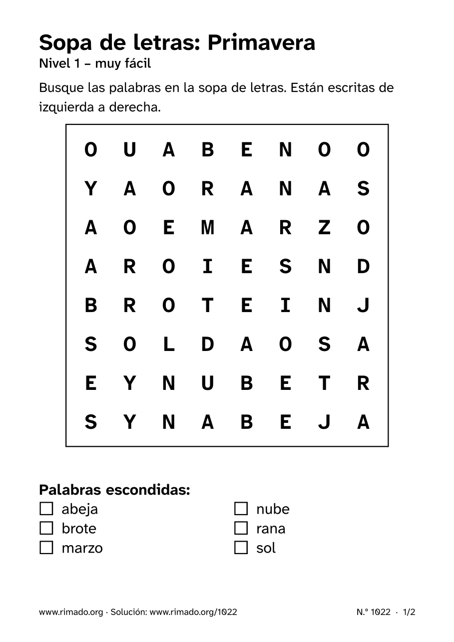 Vista previa de la hoja impresa: Sopa de letras «Primavera», n.º 1022