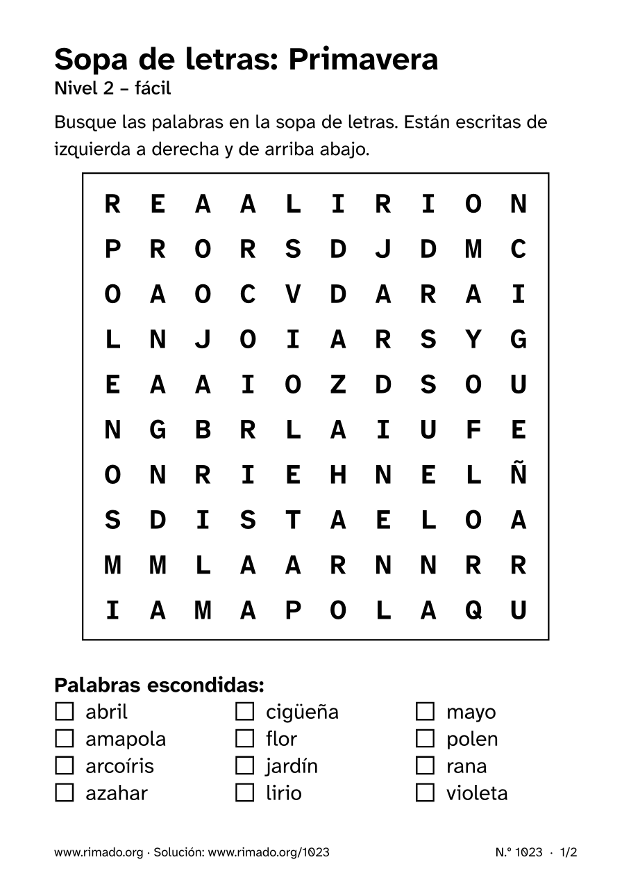 Vista previa de la hoja impresa: Sopa de letras «Primavera», n.º 1023