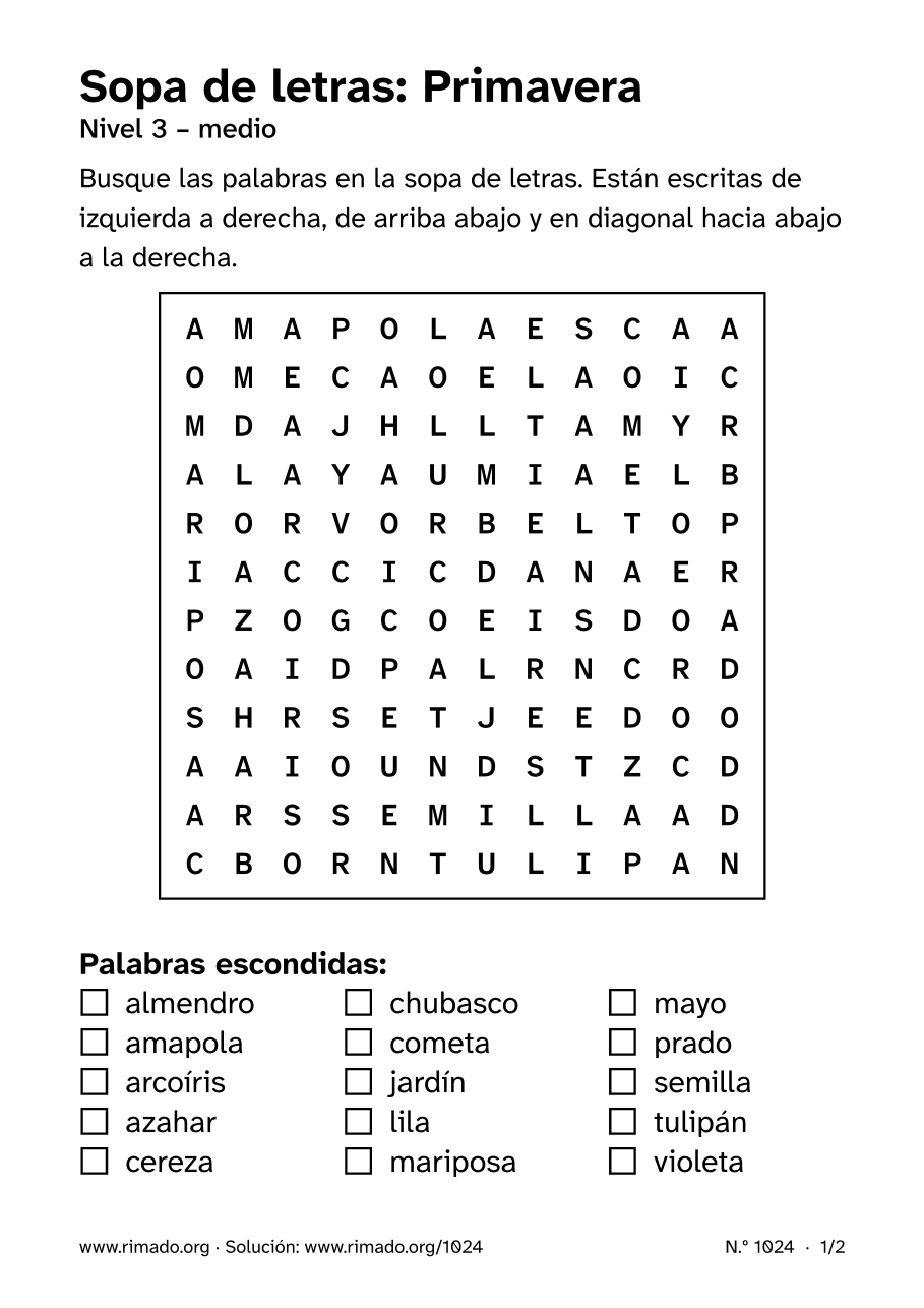 Vista previa de la hoja impresa: Sopa de letras «Primavera», n.º 1024