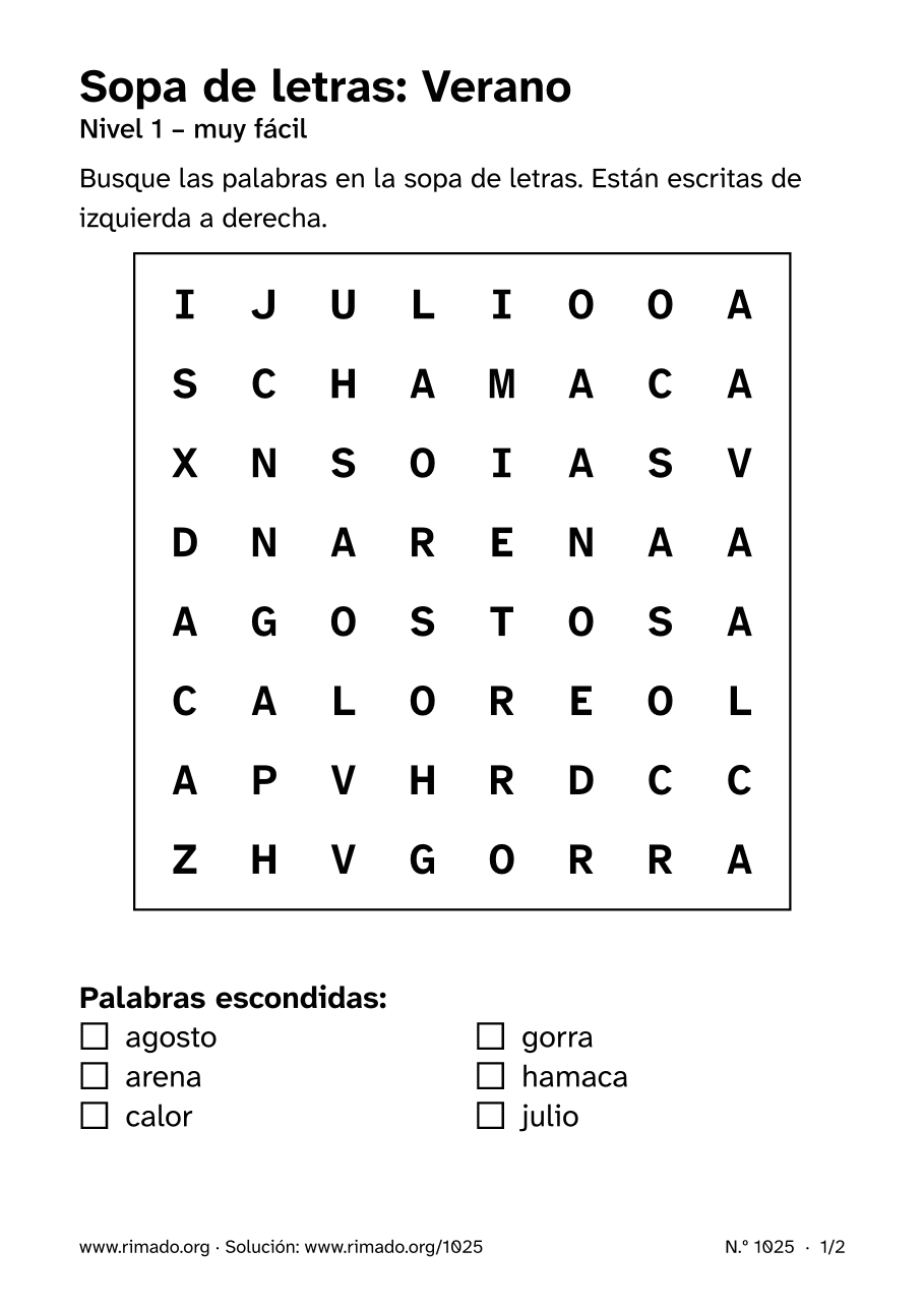 Vista previa de la hoja impresa: Sopa de letras «Verano», n.º 1025