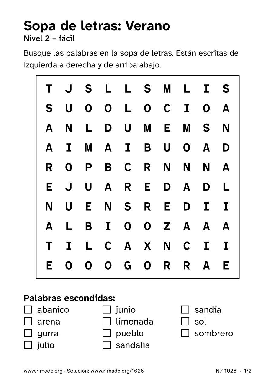 Vista previa de la hoja impresa: Sopa de letras «Verano», n.º 1026