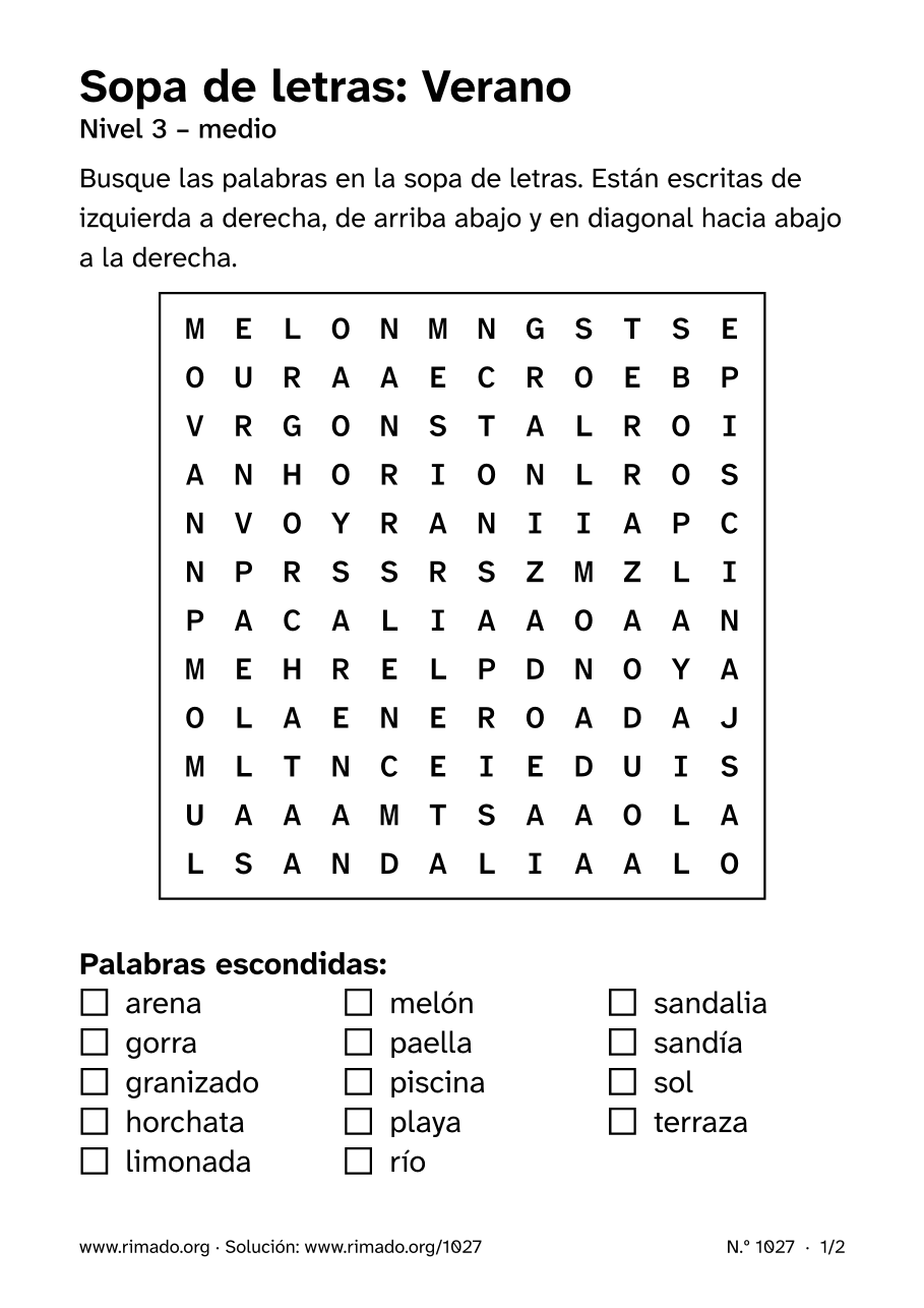 Vista previa de la hoja impresa: Sopa de letras «Verano», n.º 1027
