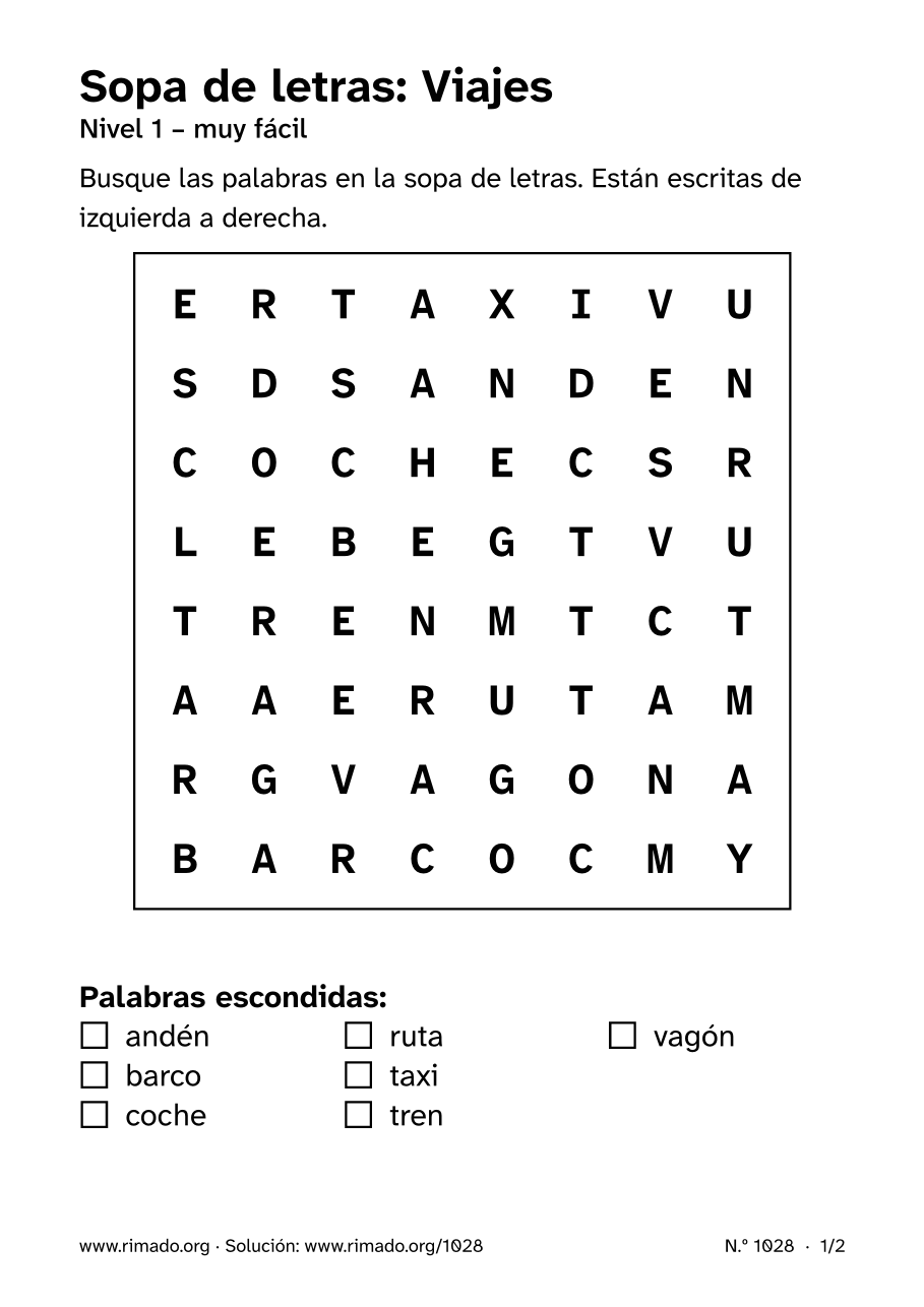 Vista previa de la hoja impresa: Sopa de letras «Viajes», n.º 1028
