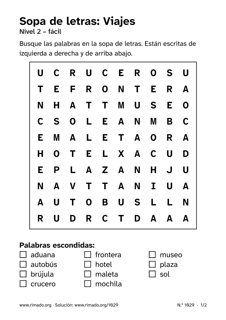 Vista previa de la hoja impresa: Sopa de letras «Viajes», n.º 1029