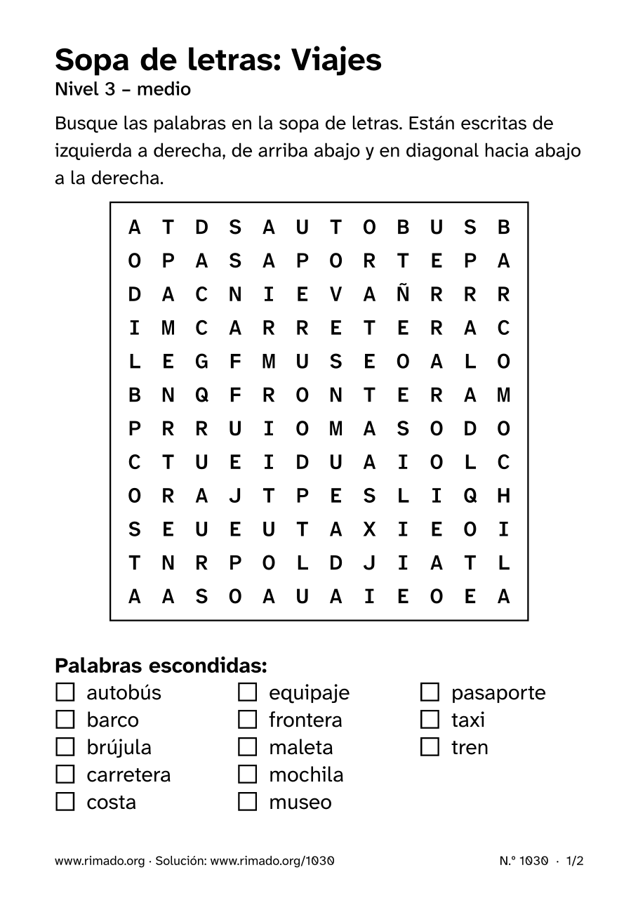 Vista previa de la hoja impresa: Sopa de letras «Viajes», n.º 1030