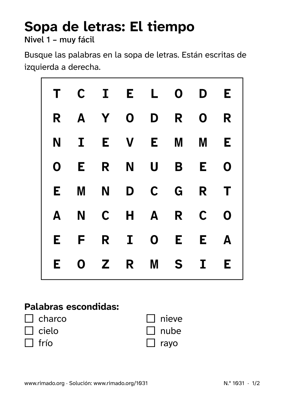 Vista previa de la hoja impresa: Sopa de letras «El tiempo», n.º 1031