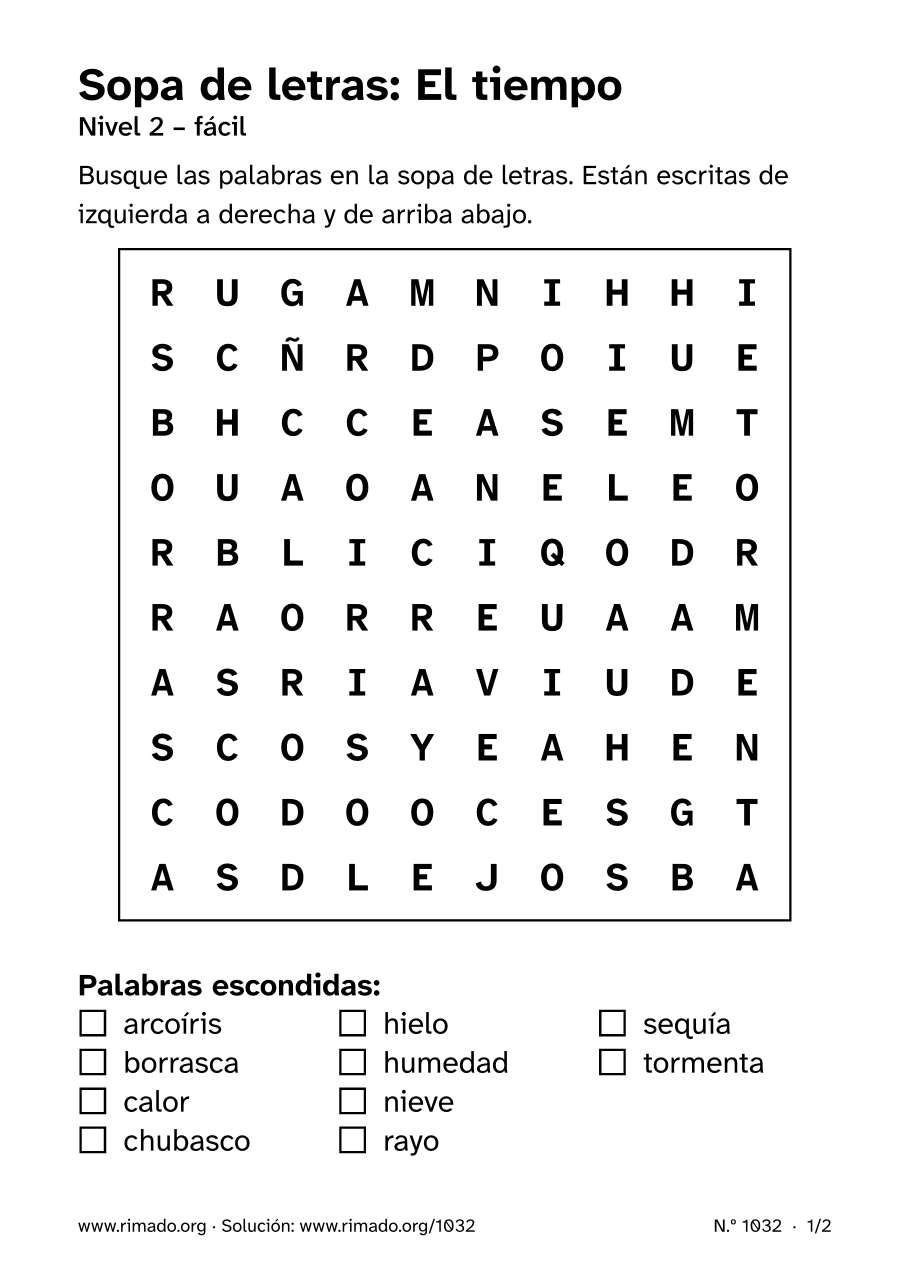 Vista previa de la hoja impresa: Sopa de letras «El tiempo», n.º 1032