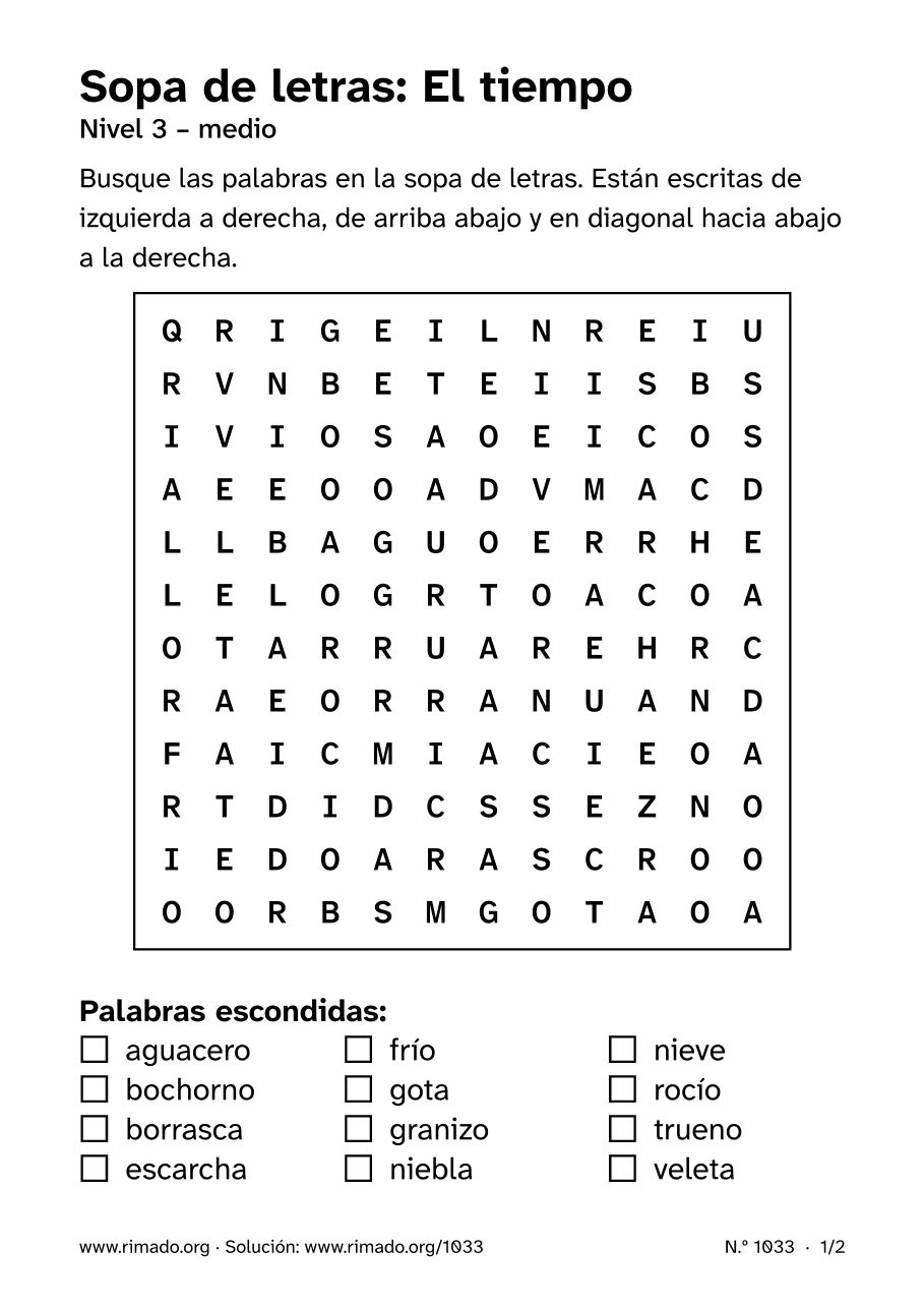 Vista previa de la hoja impresa: Sopa de letras «El tiempo», n.º 1033