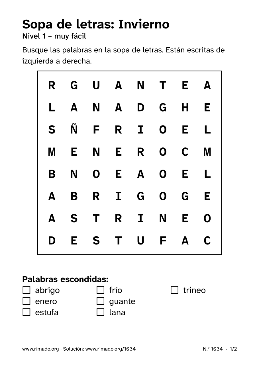 Vista previa de la hoja impresa: Sopa de letras «Invierno», n.º 1034