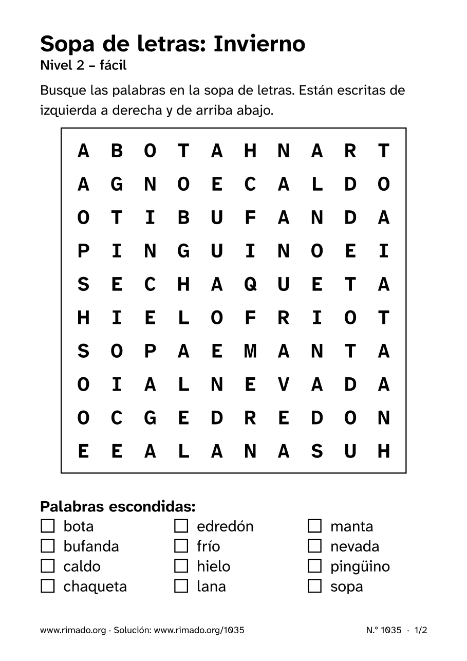 Vista previa de la hoja impresa: Sopa de letras «Invierno», n.º 1035