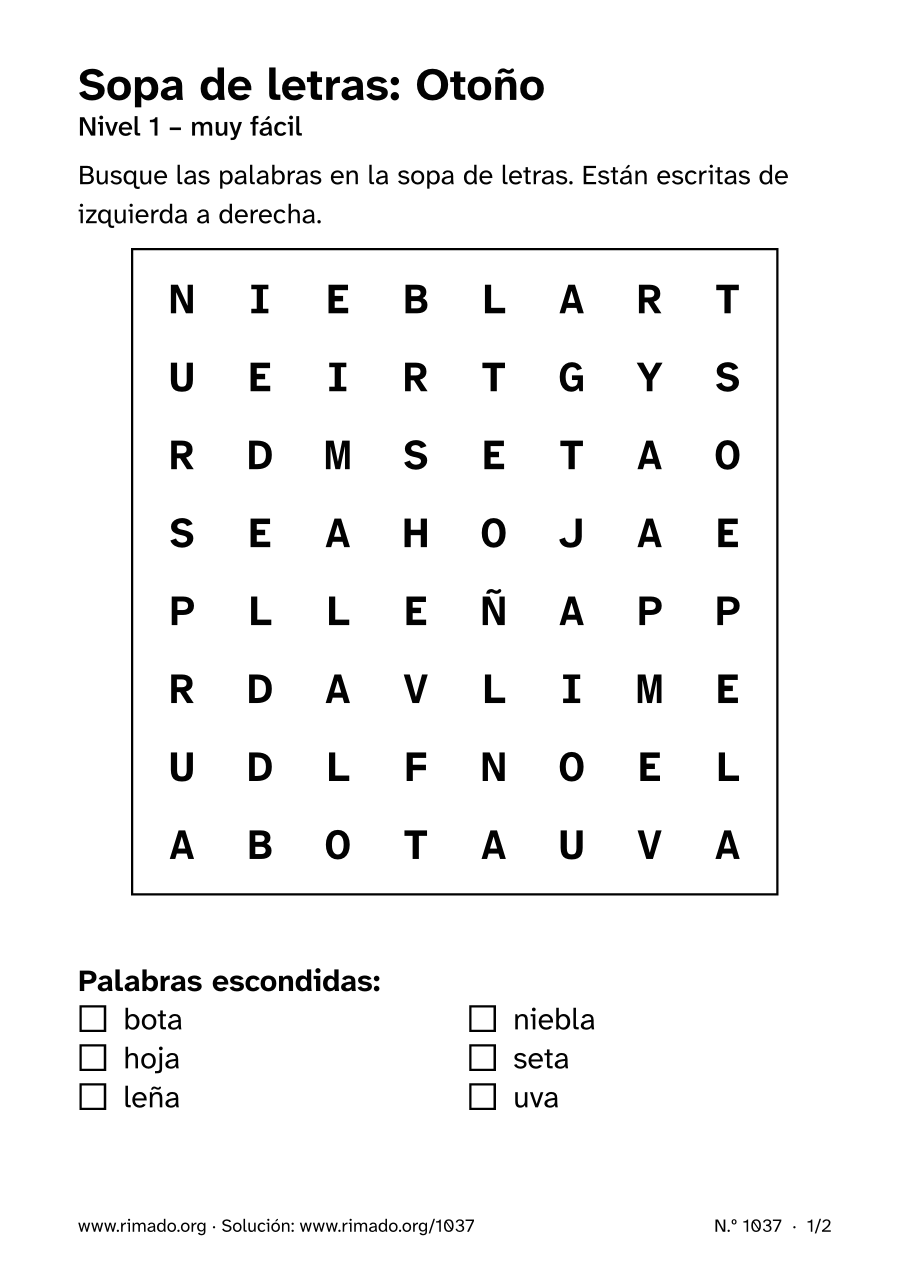 Vista previa de la hoja impresa: Sopa de letras «Otoño», n.º 1037
